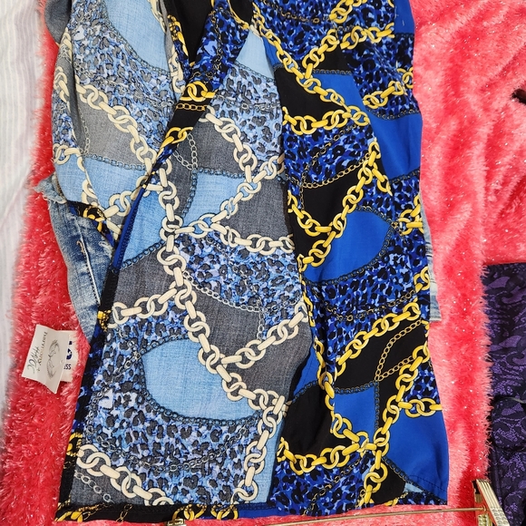 NEW LOOK BLUE/GOLD CHAIN SPLIT HEM HIGH WAIST TROUSERS SIZE LARGE - Picture 12 of 16